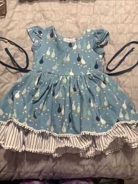 Girl August Boutique Duck Print Blue Dress with Striped Ruffle